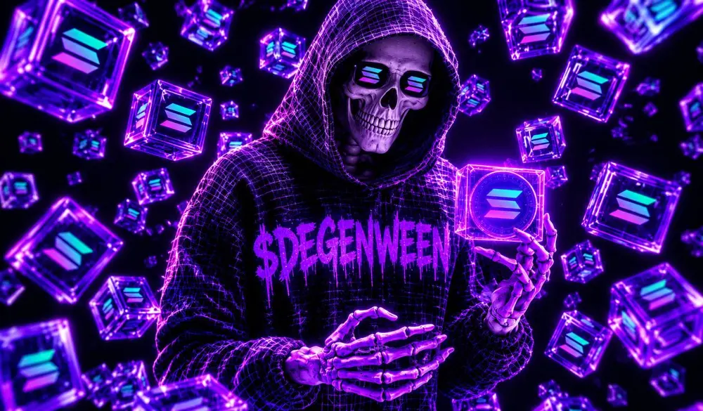 The DEGENWEEN mascot: a hooded skeleton in Solana shades and a $DEGENWEEN hoodie, holding a glowing Solana cube